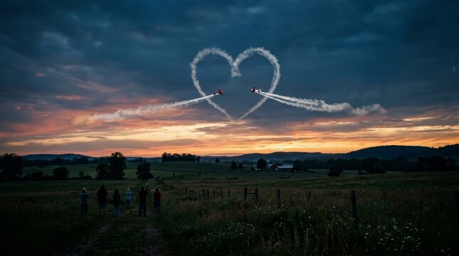 Spectators watching two airplanes skywriting a heart shape with smoke trails against a vibrant sunset over a peaceful green countryside landscape, symbolizing love and celebration