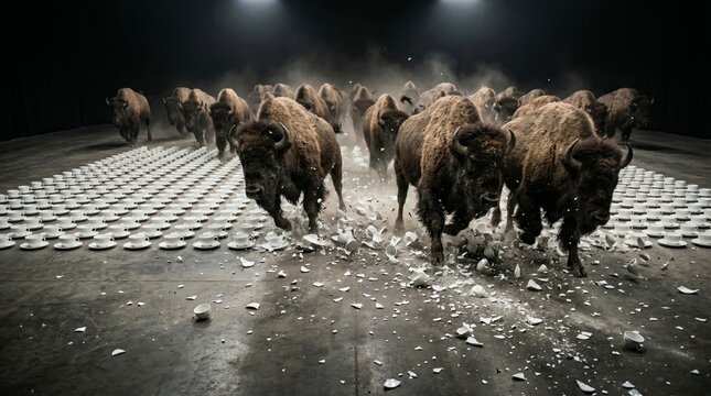 Herd of powerful bison are running through a china shop, creating chaos and destruction by trampling and shattering fragile porcelain cups, symbolizing disruption of order and uncontrolled force