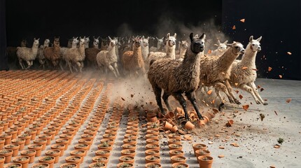 Fototapeta premium Large herd of llamas stampeding through rows of terracotta pots, breaking them and creating a scene of destruction, illustrating concepts of chaos, disruption, and an unexpected event