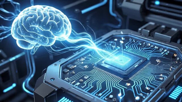 Artificial intelligence concept with glowing blue brain connected to computer processor. Digital neural network transferring data to microchip. Lockdown shot.