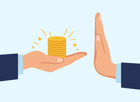 Businessman rejecting a bribe of gold coins with a stop hand gesture representing anti-corruption, financial integrity, and ethical business practices, Bribe Rejection, Financial Integrity