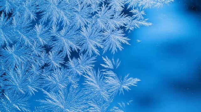 Beautiful Frost Crystals Growing on Blue Glass Surface During Cold Winter Morning Macro Background