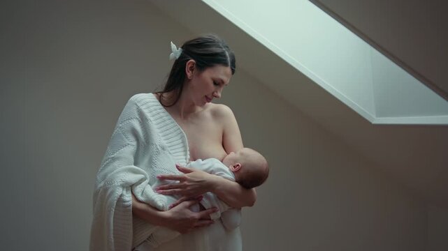 Mother nursing newborn baby indoors with soft light tender bond. Woman parent child family love parenthood cozy home adorable moment childhood innocence peaceful calm nurturing affection comfort.