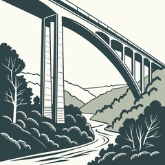Fototapeta premium Illustration of a large bridge over a winding road in a natural landscape with trees and hills