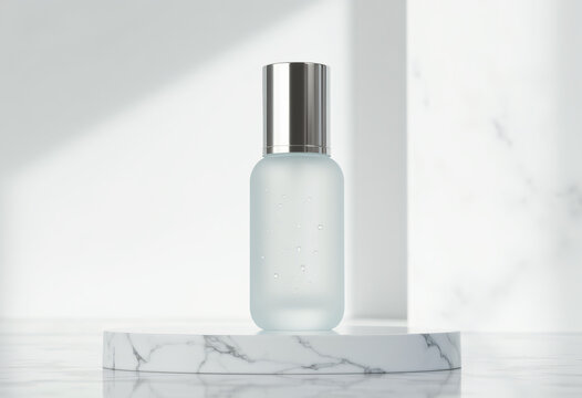 Elegant blank cosmetic bottle mockup on a round marble platform