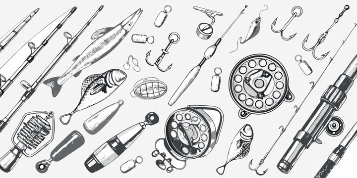 An assortment of vintage fishing tools and equipment in grayscale
