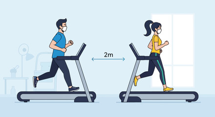 Fototapeta premium Maintaining Social Distance While Exercising Indoors On Treadmills