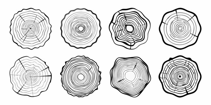 Eight black and white illustrations of varying tree stump cross sections