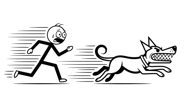 Man Being Chased By a Fierce Dog: a Humorous and Tense Black and White Illustration