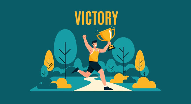 Man Celebrates Winning Trophy Outdoors in Minimalist Style With Victory Text