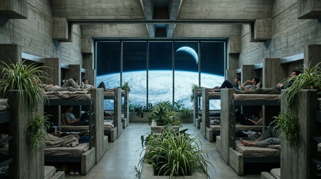 People resting in a futuristic communal bunk dormitory aboard a space habitat, large windows framing earth and the moon as they drift past in orbit, green indoor gardens visible