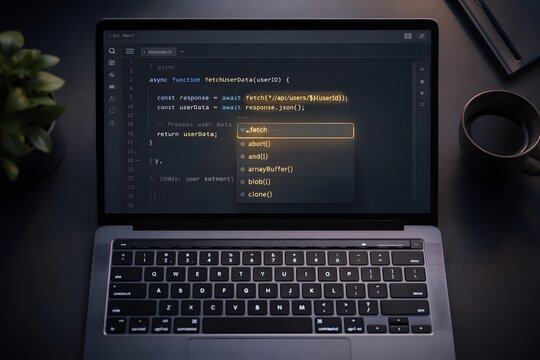 Modern laptop displaying JavaScript code editor with autocomplete interface in dark workspace lighting, representing software development, programming workflow, and professional technology environment