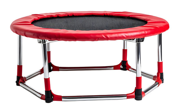 Red mini trampoline with safety net and frame standing indoors clean surface for fitness activities isolated on a white or transparent background