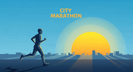 Obraz premium Marathon Runner Against a Vibrant Sunrise Depicting Cityscape Silhouette