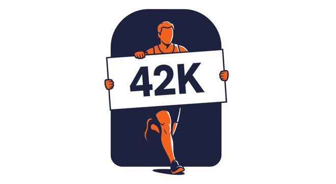 Marathon Runner Announcing 42K Distance in Bold Font with Abstract Human Figure Design