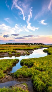 Scenic view of a coastal marsh under a dramatic sky with fluffy clouds and the warm glow of the setting sun