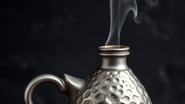 flagon. Close-up of an antique pewter flagon with hammered texture and rising vapor. bar promotions, beverage menus, designed for product packaging and bar promotions.
