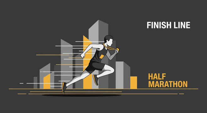Marathon Runner Reaching The Finish Line, Half Marathon Vector Illustration, Athlete Victory