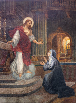 VIGEVANO, ITALY - JANUARY 18, 2026: The mosaic of Apparition of Heart Jesus in the Cathedral of St. Ambrose by Francesco Gonin (1858).