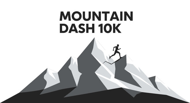 Mountain Dash 10K Race Concept Illustration of Brave Runner Climbing a Rocky Summit