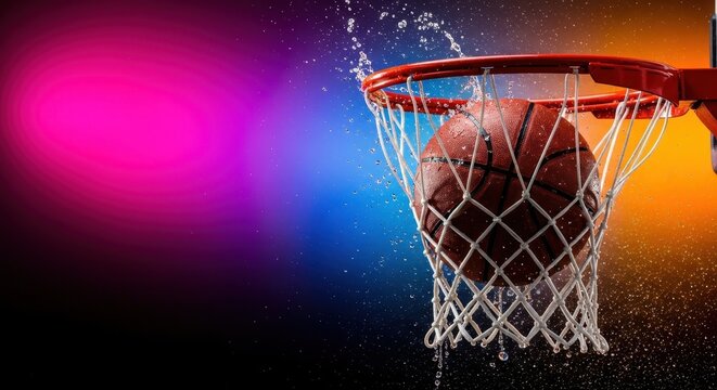 A perfect basketball shot cleanly swishing through the nylon net during a highly competitive springtime sporting championship event, court, action, competition