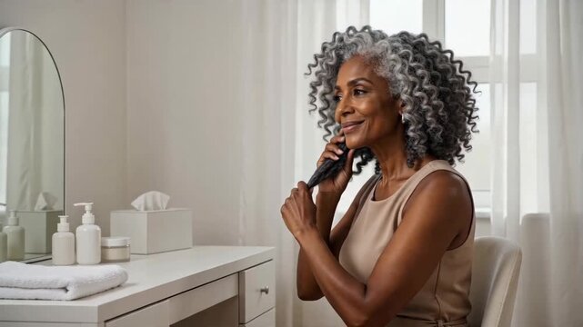 Graceful Mature Woman with Beautiful Silver African Curly Hair Styling Her Locks at a Dressing Table