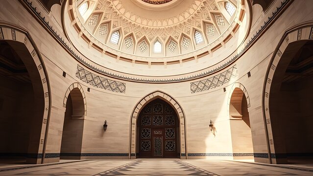 squinch. Islamic architectural interior with geometric patterns under a dome, soft ambient light. real-estate listings.