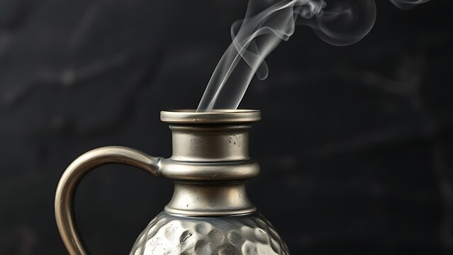 flagon. Close-up of an antique pewter flagon with hammered texture and rising vapor. bar promotions, beverage menus, designed for product packaging and bar promotions.