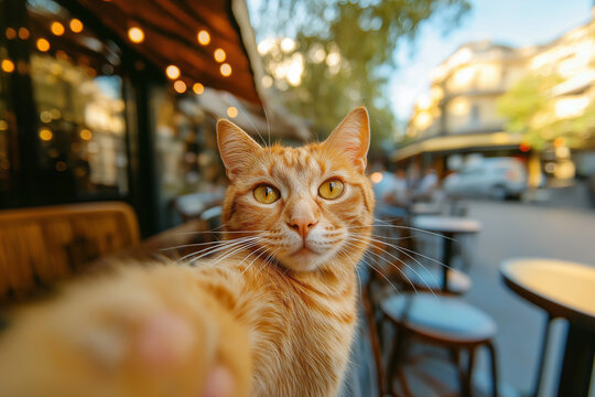 cat takes a selfie in cafe, city,coffee shop