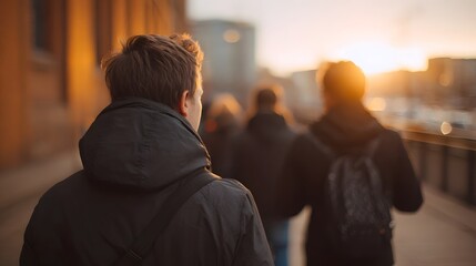 Fototapeta premium A group of friends standing together and watching the warm golden light of the sunset over the urban horizon