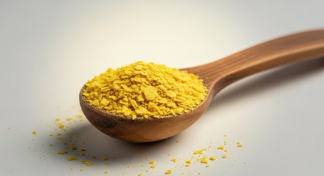 Bright yellow nutritional yeast flakes in a rustic wooden measuring spoon, ready to be added to a vegan or vegetarian recipe, cheesy flavor, mineral, wellbeing