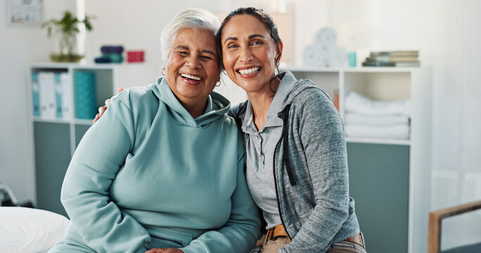 Smile, portrait and physiotherapist with senior woman in office for rehabilitation, support or healthcare. Happy, hug and chiropractor with elderly female patient in retirement for checkup at clinic.