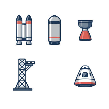Spacecraft And Launch Infrastructure Icons With Rocket