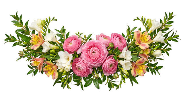 Elegant floral swag arrangement with pink ranunculus, white freesias, and alstroemeria on a white background