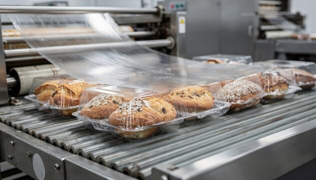 Medium shot capturing packaging line featuring bakery wraps with antifog and slip formulations emphasizing smooth handling and clear product visibility.