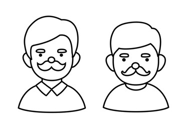 Fototapeta premium Set of elderly father face coloring page template. Bearded old man head looking outwards outline vector. Middle-aged man black lines. Transparent background. SVG.