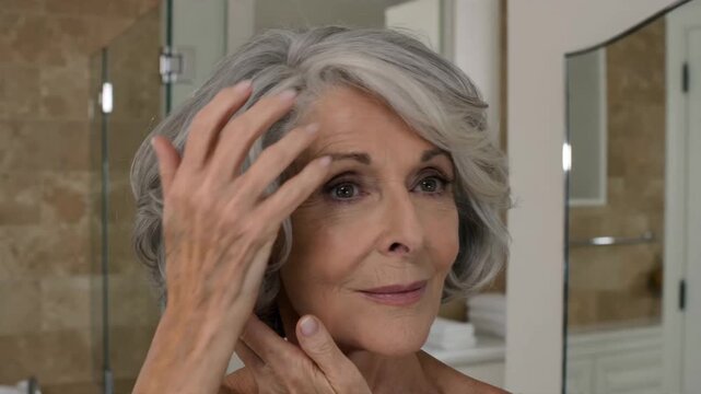 Beautiful Senior Woman with Elegant Silver Hair Gently Touches Her Naturally Wavy Locks in a Bright