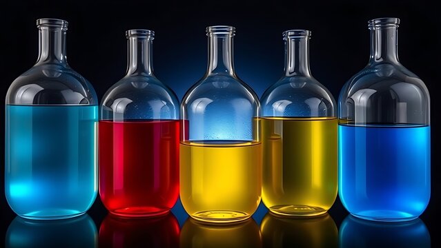 demijohns. Colorful liquids in round glass demijohns creating light refraction, dark background, crisp details. STEM education sheets.