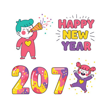 Happy new year 2070 celebration with cute cartoon kids, confetti, and colorful numbers