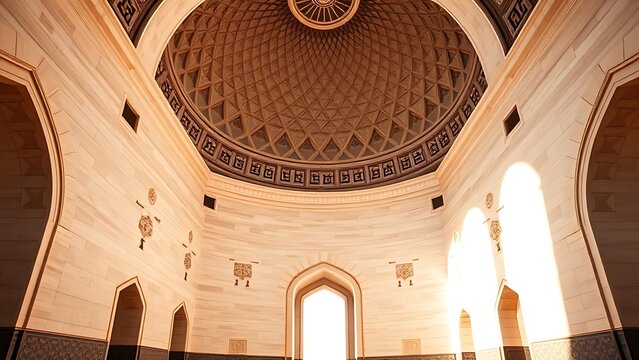 squinch. Islamic architectural interior with geometric patterns under a dome, soft ambient light. real-estate listings.