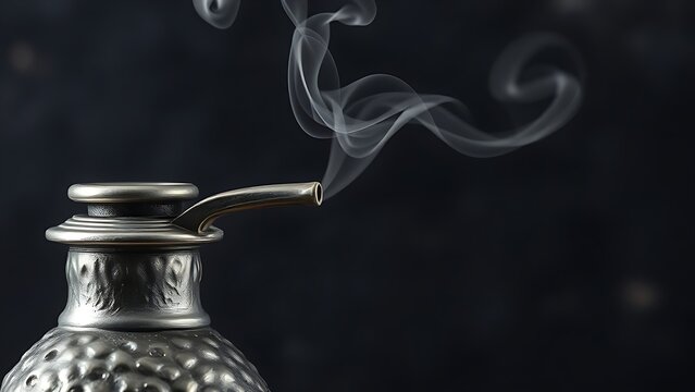 flagon. Close-up of an antique pewter flagon with hammered texture and rising vapor. bar promotions, beverage menus, designed for product packaging and bar promotions.