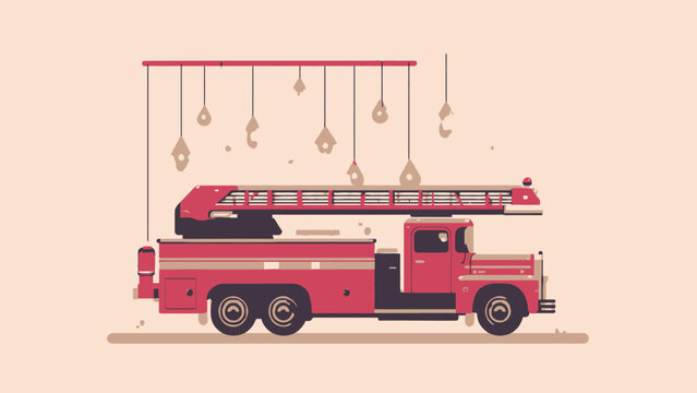 Vintage Fire Engine Truck Illustration with Hanging Elements Above