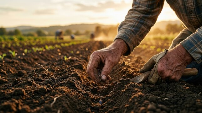 Close up of a farmer's hands sowing seeds into fertile soil in a tilled field at sunset