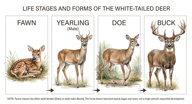 Watercolor Deer Growth Stages: Fawn to Adult Buck
