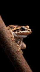 Fototapeta premium A sharp close-up of a frog perched on a branch against a dark background