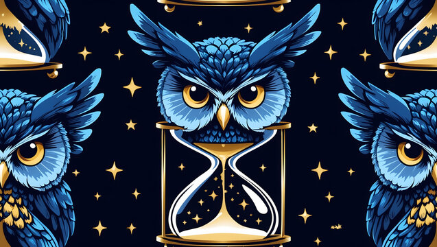 Seamless pattern with mythical blue owls, golden hourglasses and stars, magical night sky background