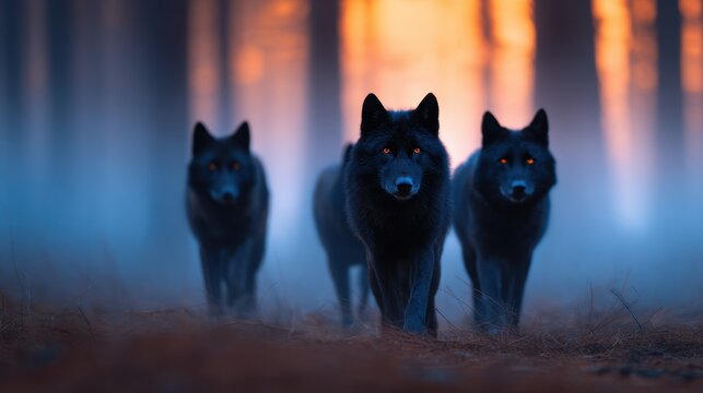 Three black wolves walking through a misty forest during sunset, glowing eyes visible