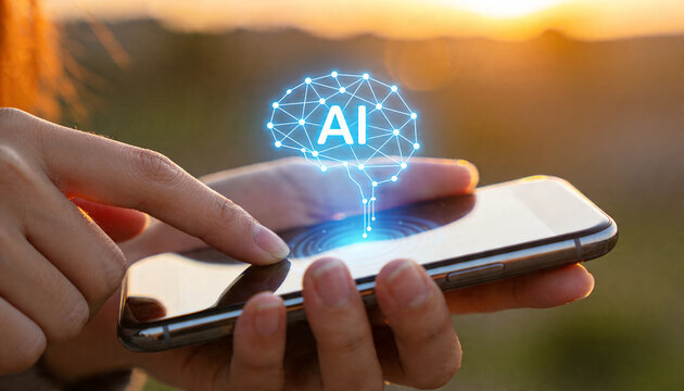 Finger tapping AI brain hologram on smartphone at sunset. Mobile intelligence concept.
