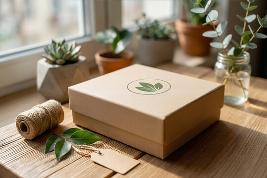 Kraft cardboard box with green eco leaf logo. Sustainable branding, recyclable packaging solutions, mindful environmentally friendly product design, conscious consumers, eco friendly, responsible.