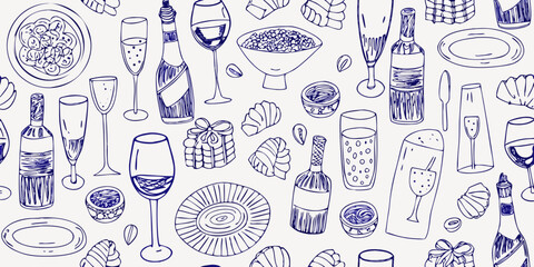 Seamless pattern of sketched food drinks and festive elements © Raben